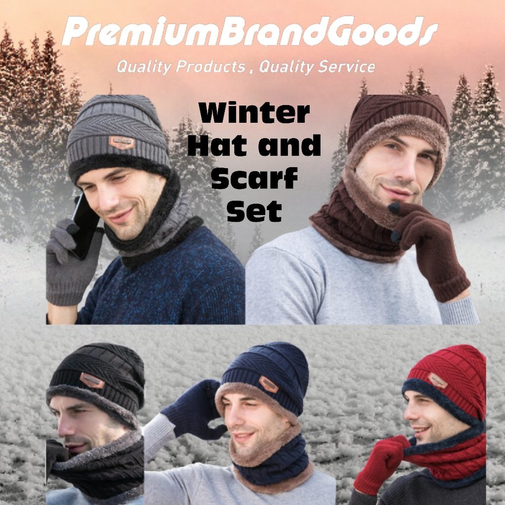 Mens Womens Winter Beanie Hat Scarf Set Warm Knit Hat Thick Fleece Lined Winter